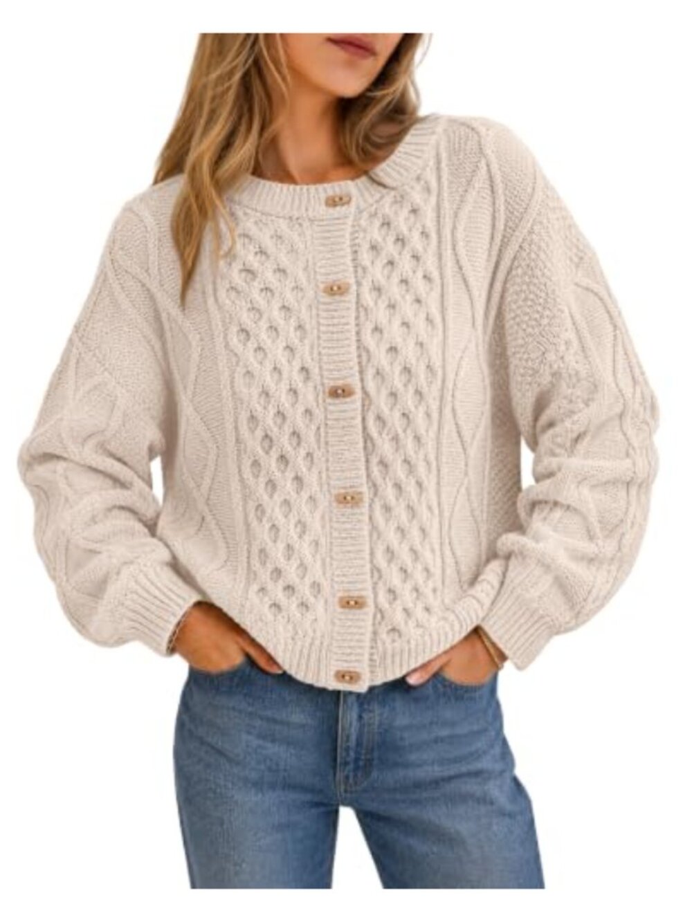 Women's Chunky Cable Knit Button Up Cardigan Sweater Long Sleeve Loose Fit